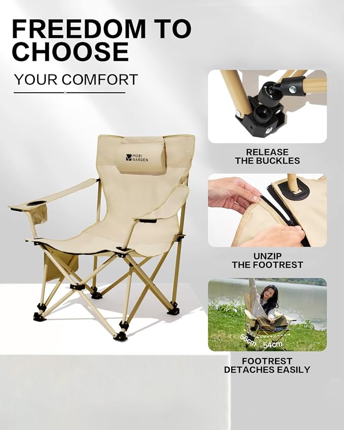 MOBI GARDEN Reclining Camping Chair with Foot Rest, 4-Position Adjustable Folding Lounge Chair for Adults, Portable & Detachable Footrest – Sand - Solid Back