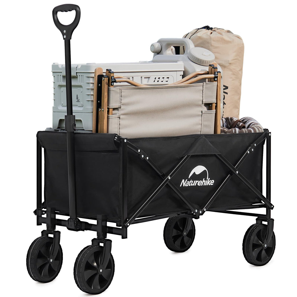 Naturehike Collapsible Wagon, 300LBS Capacity, Black Iron Steel Frame, Adjustable Aluminum Handle, All-Terrain Swivel Wheels, Garden Cart, Utility Wagon